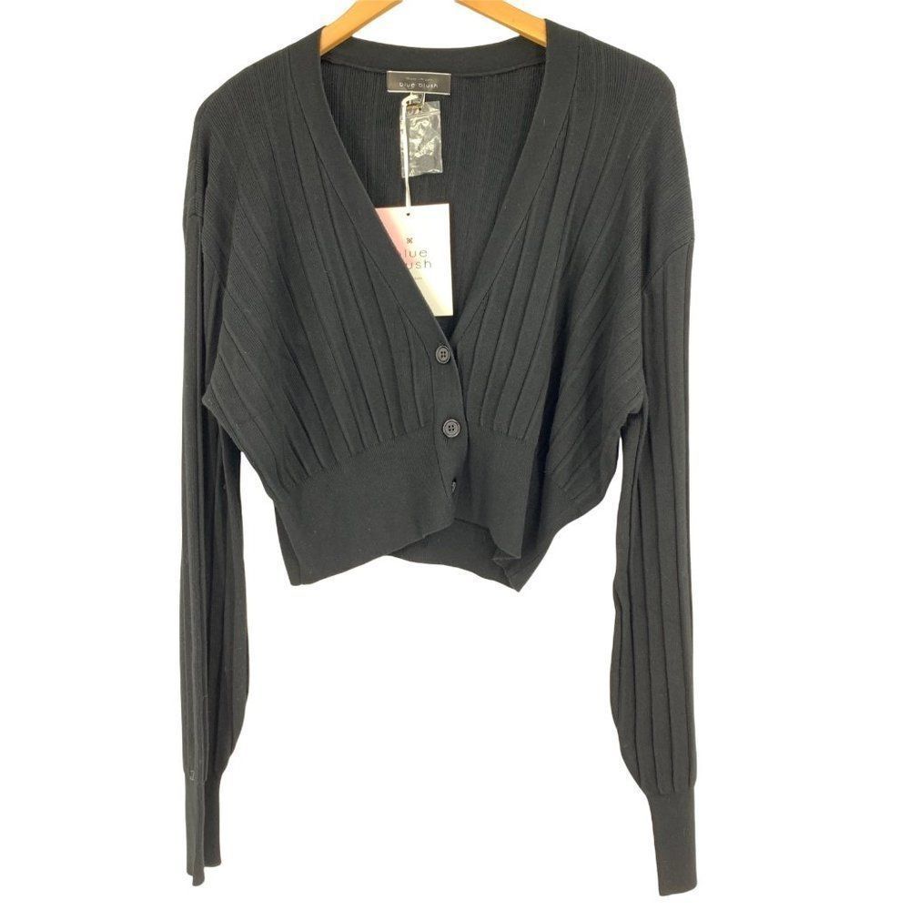 Womans Blue Blush Crop Sweater Cardi Black Size Large 0262 NWT Long Sleeve